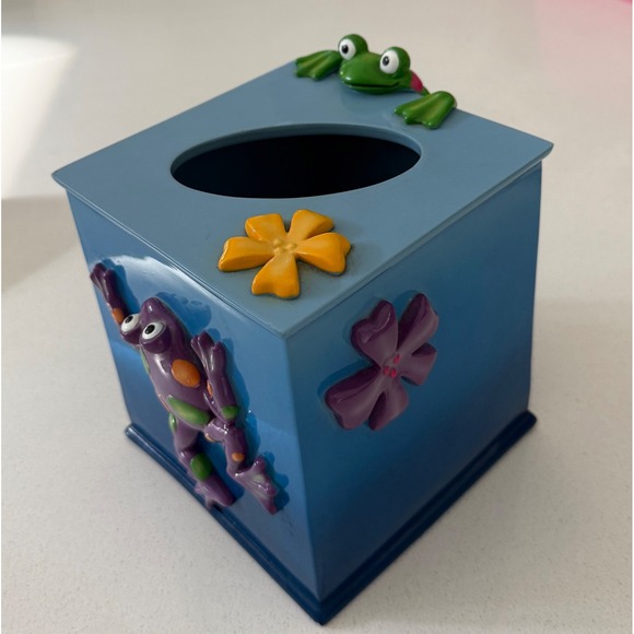 SKL Jennifer Clark Frog Flower Tissue Box Cover Blue Decorative Holder Acrylic - Picture 2 of 7
